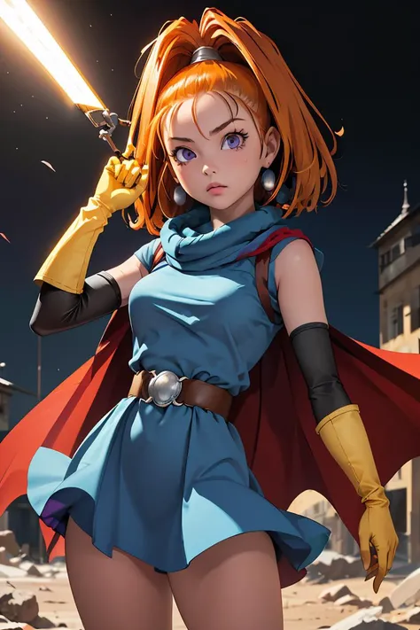 (masterpiece, best quality), 1girl, <lora:barbara:1> barbara (dq6),purple eyes,orange hair,long hair,high ponytail,earrings,(cape:1.2),(light blue dress:1.4),belt,elbow gloves,(yellow gloves:1.2),(socks:1.1),boots