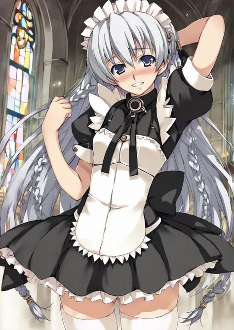 <lora:shurelia_XL_pony_v1:1>1girl, shurelia (ar tonelico), church, maid,standing, arm down, score_9, score_8_up, score_7_up, BREAK source_anime, rating_explicit, best quality, masterpiece, uncensored,<lora:sdxl2-flat2-512b:-0.5> michiking, misakura nankots...