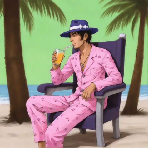 beach, fedora, man, pink pajama, hat, sitting, drinking <lora:samulora-xl-lite_001:0.5>