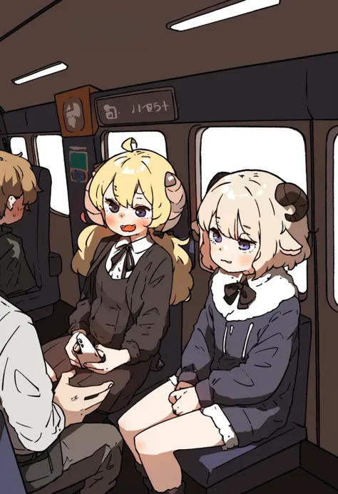 art by amonitto, airplane interior, kesa, sheep girl, blonde hair,