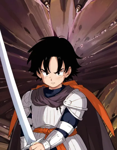 1boy, solo, long hair, armor, <lora:dragonballartstyle:.85>, dragonballartstyle, solo, cave, sword, close up,