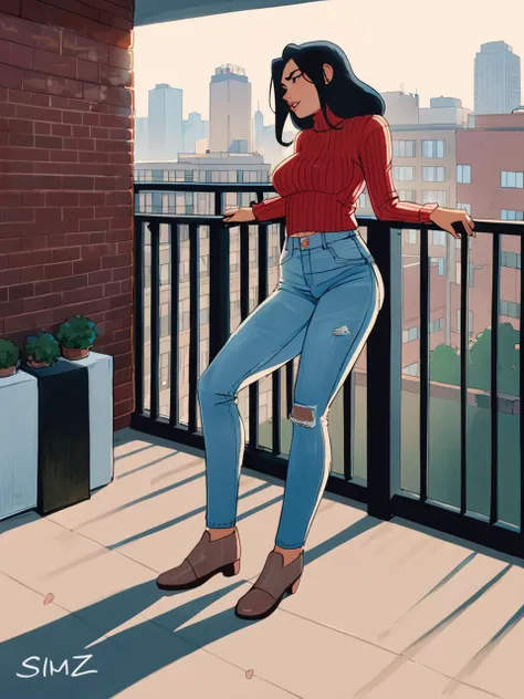 (art by simz), ribbed sweater, cutoff jeans, balcony, straddling,