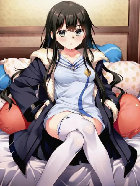 Aquaplus, 1girl, solo, long hair, small breasts, looking at viewer, smug, bangs,fur coat , lying, family room