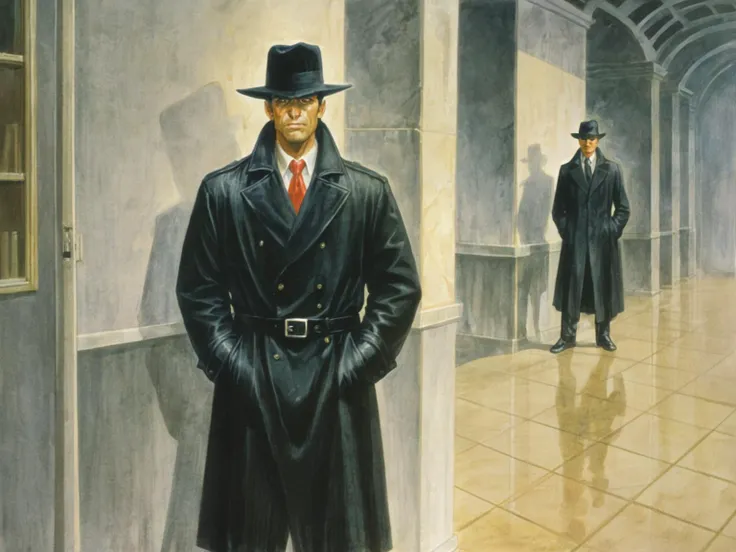 painting of a man in a black coat and hat standing in a hallway