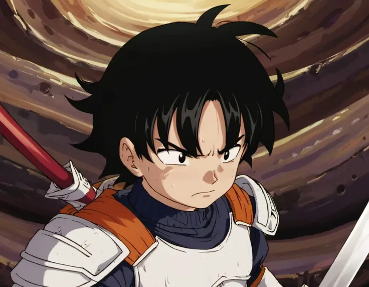 1boy, solo, long hair, armor, <lora:dragonballartstyle:.85>, dragonballartstyle, solo, cave, sword, close up,