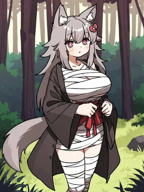 1girl in forest, (art by amonitto), solo, thighhighs, robe, (wolf girl:1.5), heart-shaped_pupils, pastel, (forest:1.5), large breasts, bandage shirt