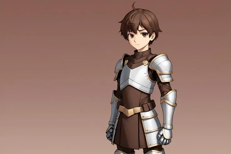 a cartoon image of a man in armor standing in front of a brown background