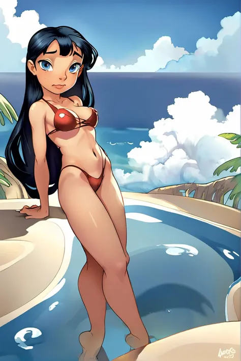 1girl, beach, black hair, blue eyes, blue sky, breasts, cloud, cloudy sky, cowboy shot, day, horizon, long hair, looking at viewer, medium breasts, navel, nipples, ocean, outdoors, pool, pussy, realistic, sky, solo, standing, uncensored, water, watercolor ...