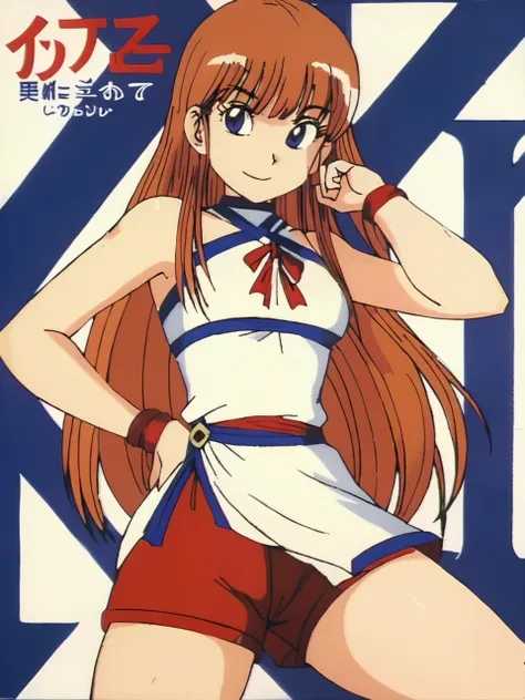 akira toriyama, 1girl, solo, long hair, small breasts, looking at viewer, smug, bangs,criss-cross halter , legs apart, basement