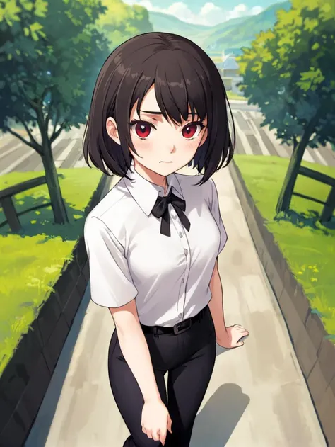 1girl, solo,,detailed_background,outdoors,v-shaped eyebrows,white shirt,black headwear,zettai ryouiki,walking