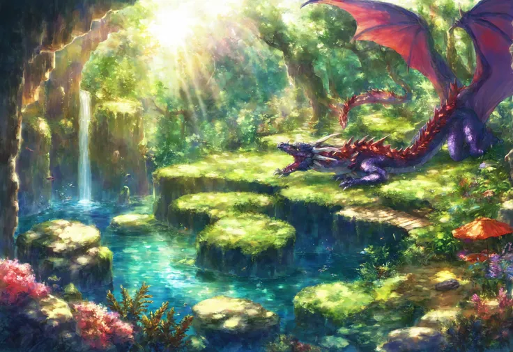 a painting of an underwater scene, asymmetrical, dragon, art by toridamono, art by akihito tsukushi, outdoors, scenery, sunlight, monster