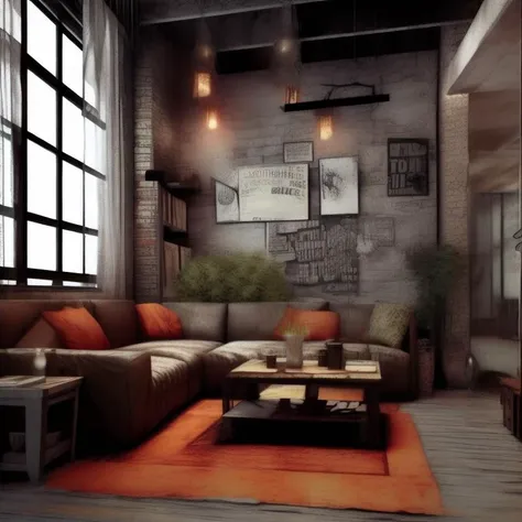 <lyco:Grunge_style_interior_design_Sa_May:1.0> Grunge style interior design by living room