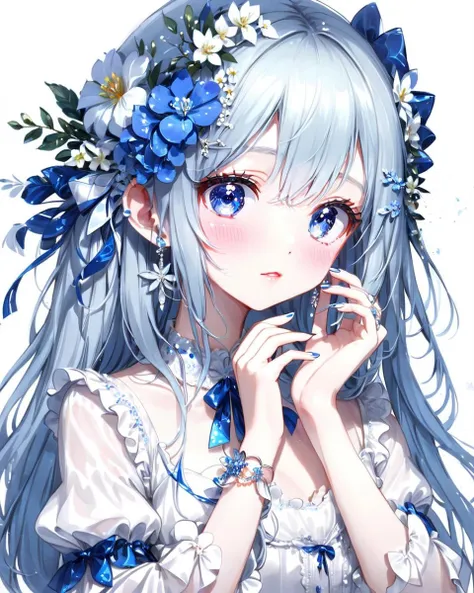 anime girl with blue hair and flowers in her hair