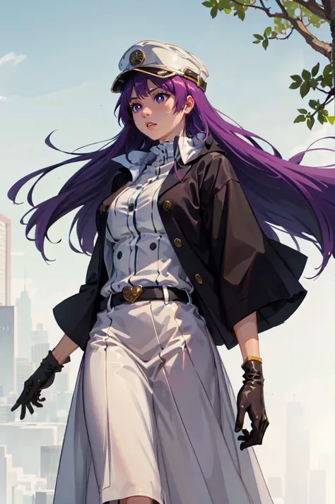 solo, <lora:quincy_style:0.8> quincy, gloves, hat, jacket, white gloves, military hat, cowboy shot,  <lora:Fern:0.8> FernFrieren, very long hair, purple eyes, (purple pupils), black robe,, absurdres, ultra detailed, masterpiece, best quality, aesthetic, de...