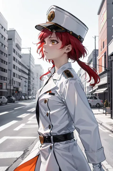 <lora:quincy_style:0.8> quincy, gloves, hat, jacket, white gloves, military hat, cowboy shot, from side, sitting,, absurdres, ultra detailed, masterpiece, best quality, aesthetic, detailed,, solo, 1girl, red hair, orange eyes, amber eyes, swept bangs, part...