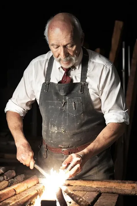 arafed man in aprons working with a fire in a workshop