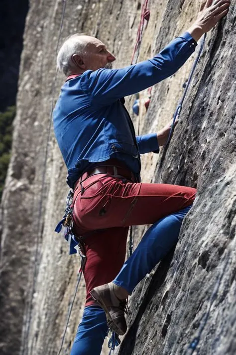 a man climbing up a rock face with a rope