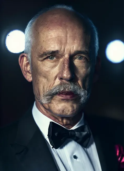 a close up of a man in a tuxedo with a mustache