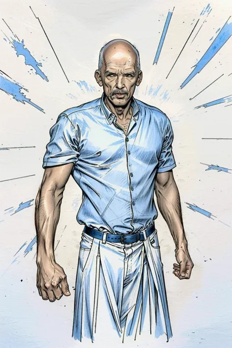 a drawing of a man with a blue shirt and white pants