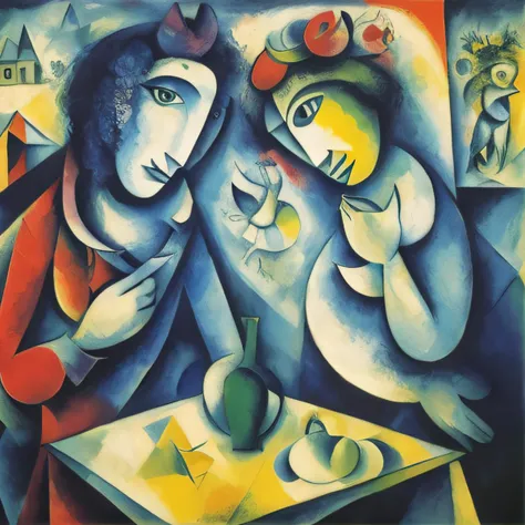 painting of two women with a vase and a bird on a table