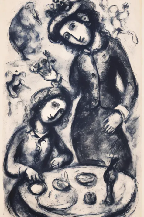 marc_chagall, expressionist, charcoal, two woman at a table <lora:Marc Chagall:1>