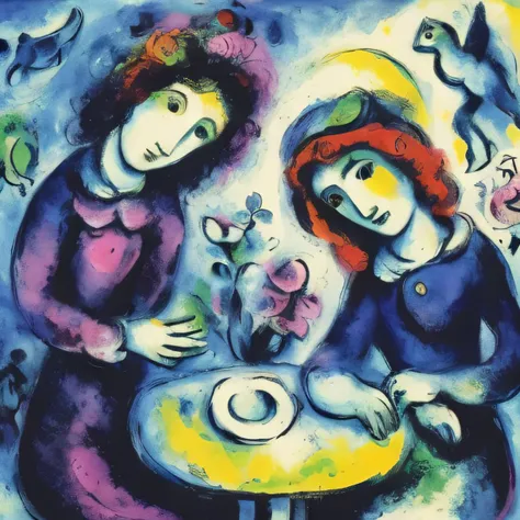 a painting of two women sitting at a table with a cup of coffee