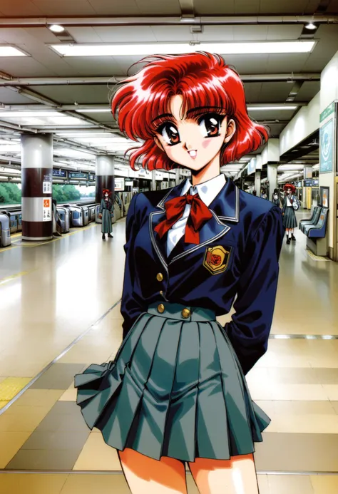 anime girl in school uniform standing in a subway station