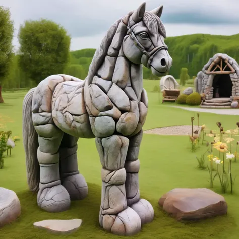 there is a statue of a horse made of rocks in a field