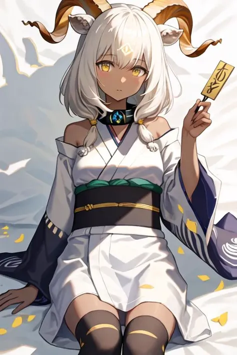 best quality, masterpiece, highres, solo, {yukata:1.40}, {kimono:1.20}, {beeswax_arknights:1.15}, horns, dark-skinned_female, dark_skin, animal_ears, goat_horns, goat_ears, white_hair, yellow_eyes, bangs, goat_girl, long_hair, hair_between_eyes, upper_body...