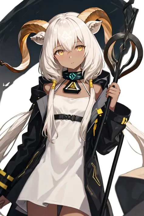 best quality, masterpiece, highres, solo, {beeswax_arknights:1.15}, horns, dark-skinned_female, dark_skin, animal_ears, goat_horns, goat_ears, white_hair, yellow_eyes, bangs, goat_girl, long_hair, hair_between_eyes, upper_body, infection_monitor_(arknights...