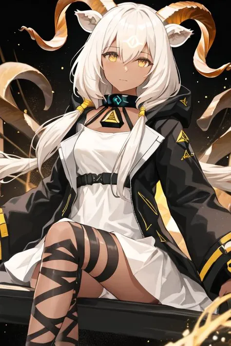 best quality, masterpiece, highres, solo, {beeswax_arknights:1.15}, horns, dark-skinned_female, dark_skin, animal_ears, goat_horns, goat_ears, white_hair, yellow_eyes, bangs, goat_girl, long_hair, hair_between_eyes, upper_body, infection_monitor_(arknights...