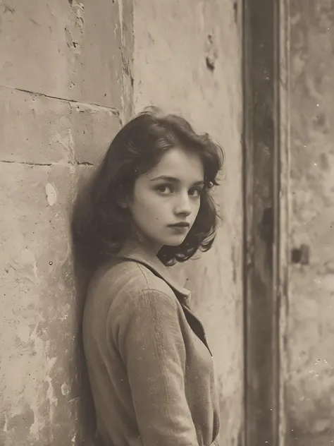 arafed black and white photo of a woman leaning against a wall