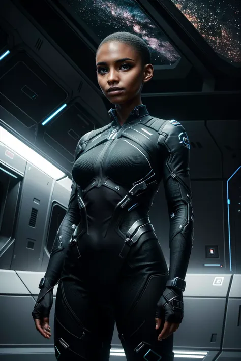 ((ultra detailed, masterpiece, best quality))
 <lora:CyberTBug:0.8>
CyberTBug, 1girl, solo, short hair, very dark skin, inside a futuristic space station, stars and space background, standing straight with hands clasped behind