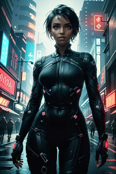 ((ultra detailed, masterpiece, best quality))
 <lora:CyberTBug:0.8>
CyberTBug, 1girl, solo, very short hair, very dark skin, beneath the neon lights of a cyberpunk city, in a futuristic bodysuit, on a rain-soaked street