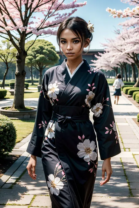 ((ultra detailed, masterpiece, best quality))
 <lora:CyberTBug:0.8>
CyberTBug, 1girl, solo, short hair, very dark skin, walking in a serene Japanese park with cherry blossoms, yukata, and a hair ornament