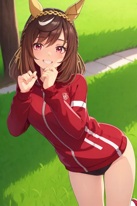 anime girl with horns and a red jacket posing in the grass