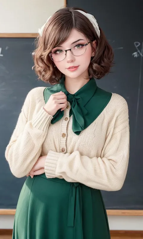 a woman in a green dress and glasses standing in front of a chalkboard