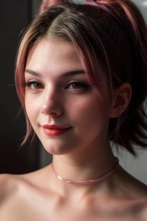 realistic portrait photo of beautiful meggii2023, <lora:add_detail:1.5>,  <lora:epi_noiseoffset2:1>, <lora:meggii2023:1>,  <lora:lcm-lora-sdv1-5:1>, make up, lipstick, eye liner, choker collar, close up, look at camera, smiling, pink hair