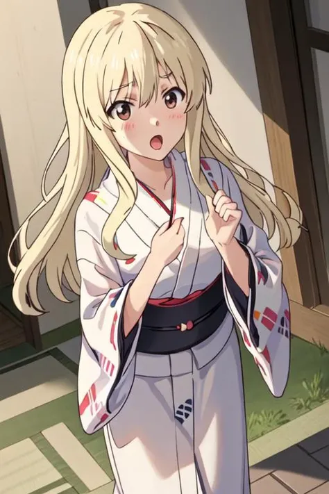 best quality, masterpiece, highres, solo, {yukata:1.40}, {kimono:1.20}, {sumino_sayaka_ahogirl:1.15}, long_hair, blonde_hair, open_mouth, brown_eyes, blush