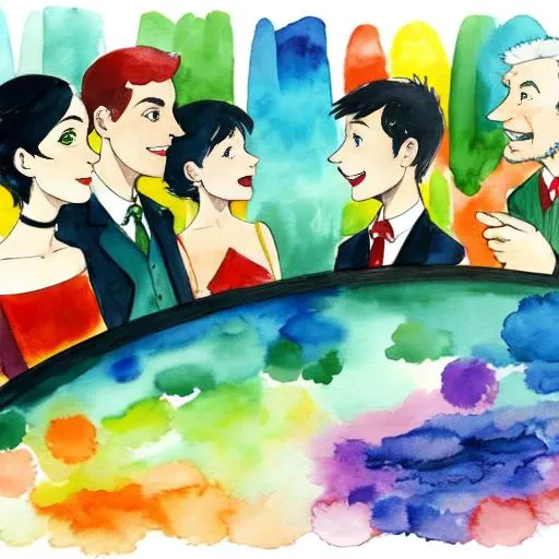 a group of human,    simple style, discussing at a dashboard, 2d abstract illustration, vivid multicolored wall, wealthy portrai...