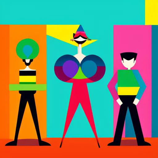 4 man and female standing, cartoon mans, vibrant geometric abstractions, cinestill 50d, abstract minimalism appreciator,,editori...