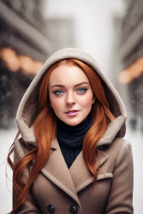 professional portrait photograph of a gorgeous (lindsaylohan-15500) in winter clothing, sexy smile, ((sultry flirty look)), freckles, beautiful symmetrical face, cute natural makeup, wearing elegant winter fashion clothing, ((standing outside in snowy city...