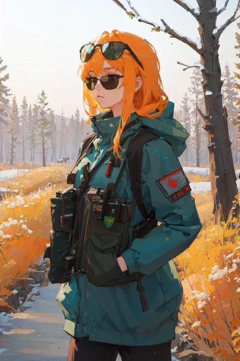 1girl, solo, militaryru, <lora:militarytyan:1>, forest, sunlight, summer, sunglasses,