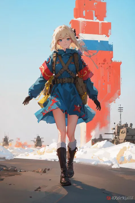 1girl, solo, militaryru, <lora:militarytyan:1>, russian flag on dress,