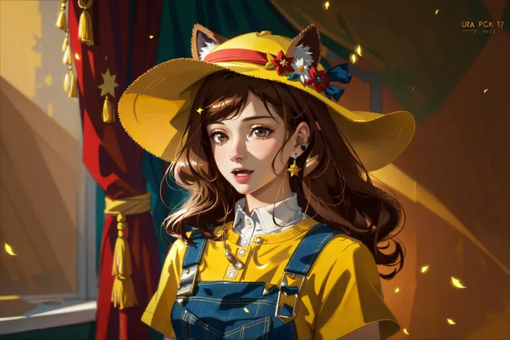 anime girl in yellow hat and overalls with yellow cat ears