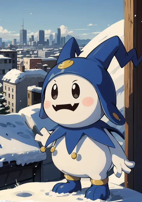 <lora:Jack-Frost_Fp:0.8> jackfrostsmt, no humans, pokemon_(creature), cute, outdoors, snowy, city, detailed background