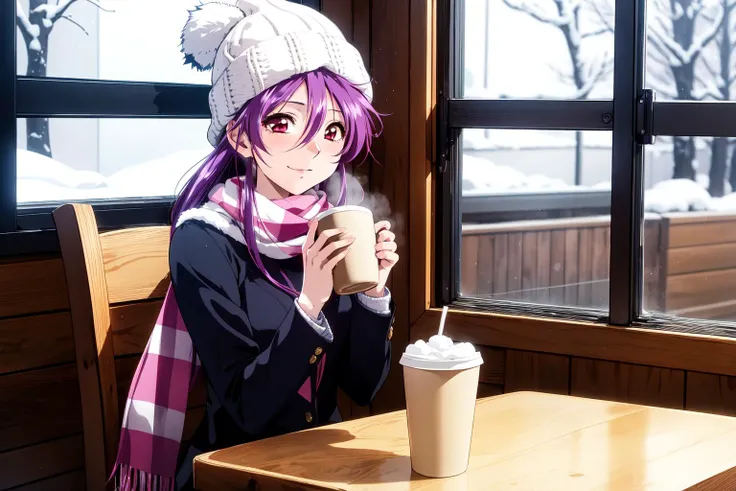 (RAW photo, best quality), 1girl,  natural lighting, outdoor,, winter, hat,  snowflake through window,, drinking coffee, aroma, happy, scarf,
 <lora:innai_kansen_miyama_kaori_v2_2-000002:1>, miyama kaori,