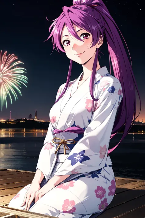 (RAW photo, best quality), 1girl,  natural lighting, summer, night time, fireworks, yukata, smile,
 <lora:innai_kansen_miyama_kaori_v2_2-000002:1>, miyama kaori,