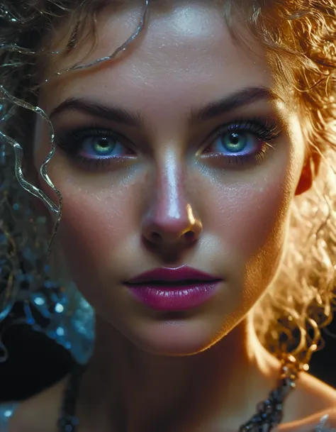 a close up of a woman with a necklace and a necklace