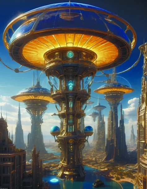 a futuristic city with a futuristic structure and a large clock tower